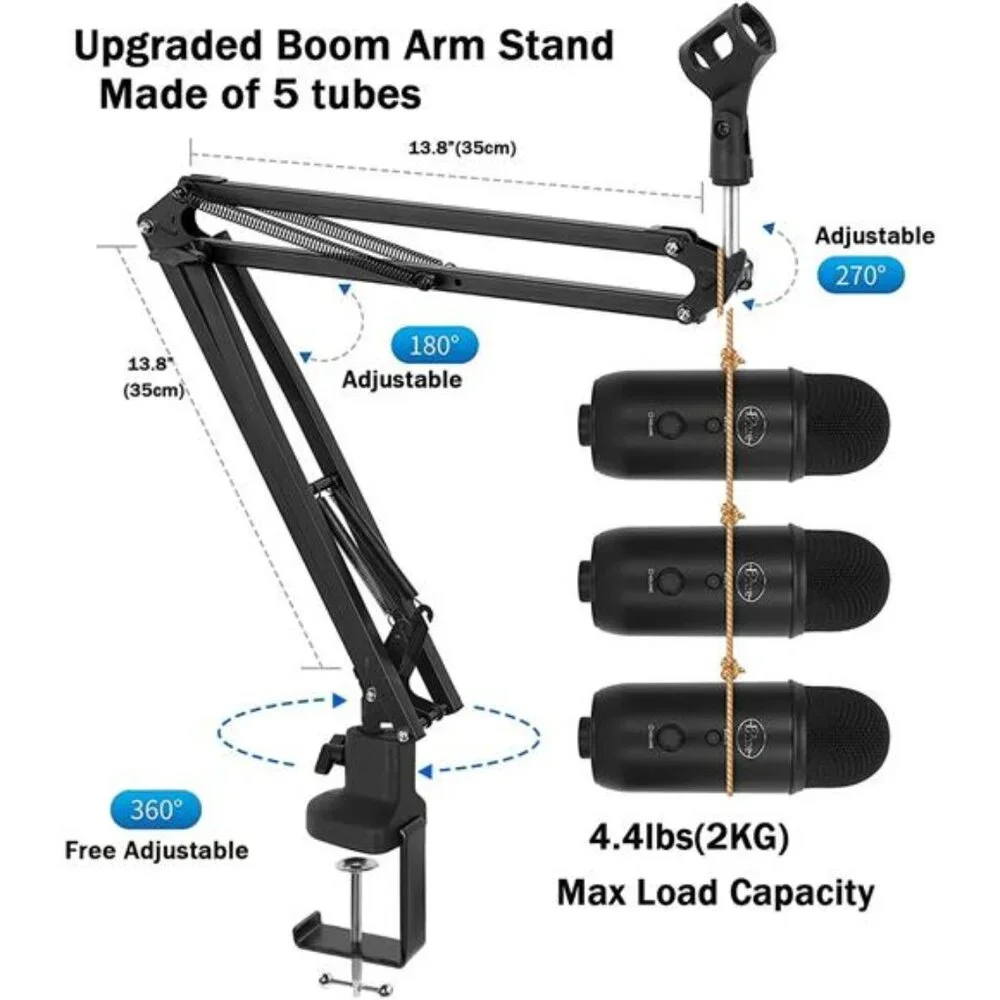 Boom Arm Suspension Mic Heavy Duty Microphone Arm for Blue Yeti, Hyperx Quadcast